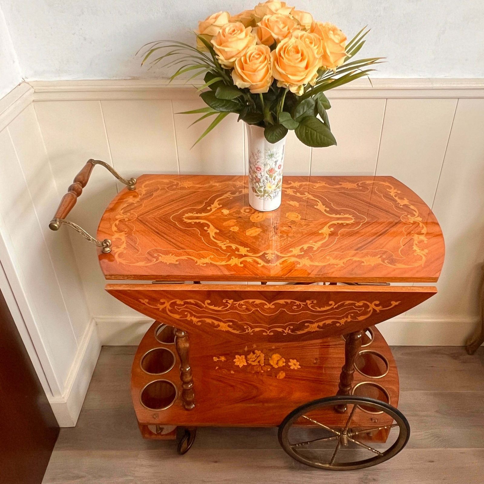 Magnificent Foldable Trolley Hollywood Regency Italian Inlaid Bar Cart From The 1960 photo furniture