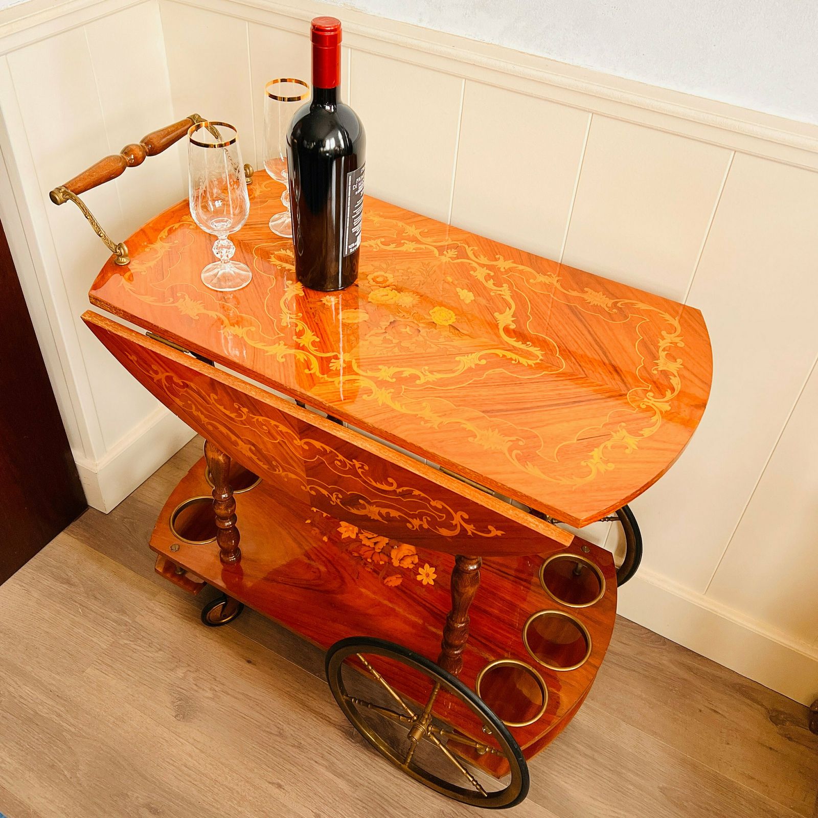 Magnificent Foldable Trolley Hollywood Regency Italian Inlaid Bar Cart From The 1960 photo for sale
