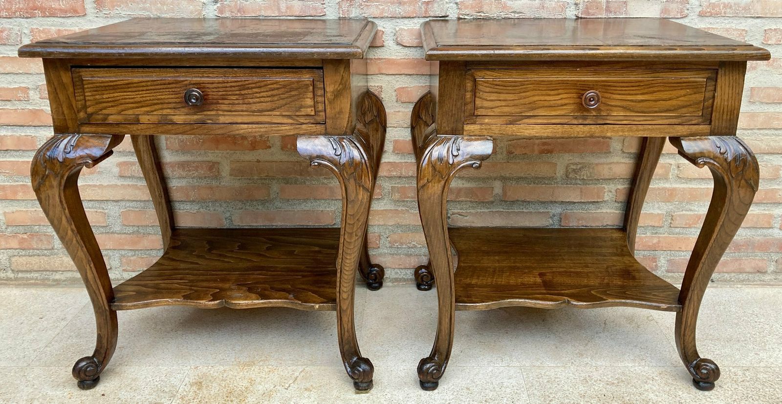 French Louis XV Style Walnut Bedside Tables With Drawer And Open Shelf, 1930s, Set Of 2