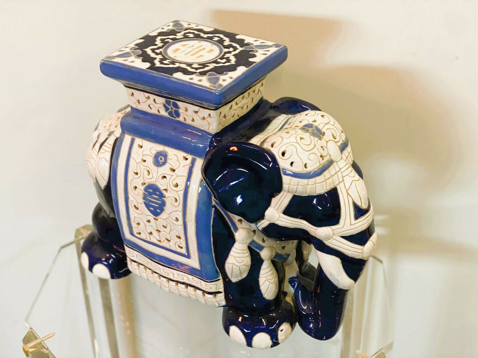 Chinoiserie Ceramic Lucky Elephant Plant Stand In Blue And Cream. photo for sale