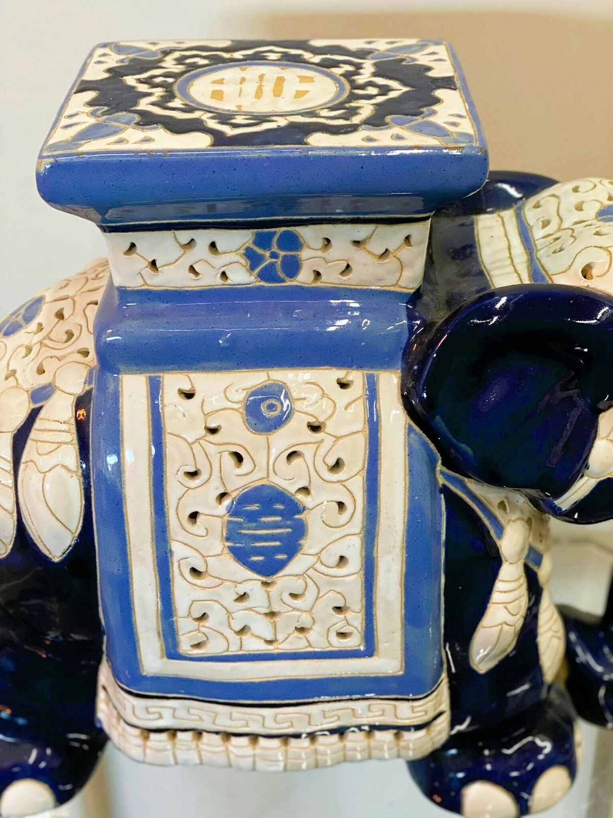 Chinoiserie Ceramic Lucky Elephant Plant Stand In Blue And Cream. photo buy
