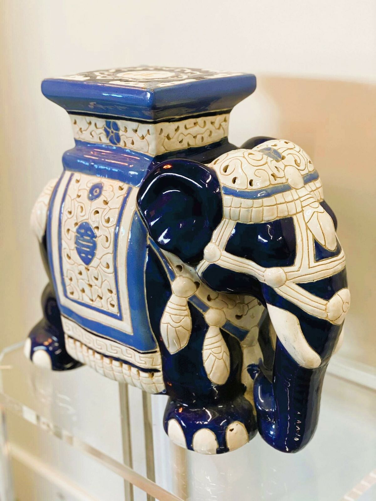 Furniture Chinoiserie Ceramic Lucky Elephant Plant Stand In Blue And Cream. photo