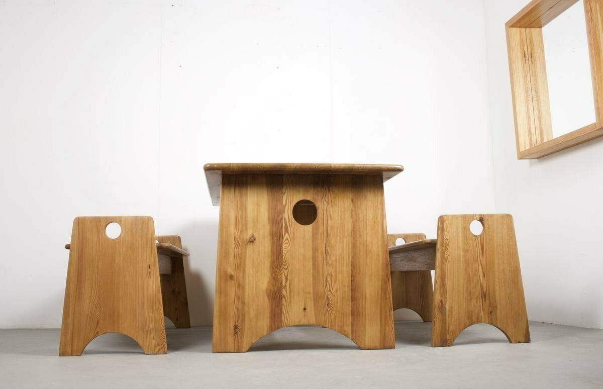 Swedish Solid Pine Benches & Dining Table By Gilbert Marklund For Furusnickarn Ab, 1970s, Set Of 3 photo furniture