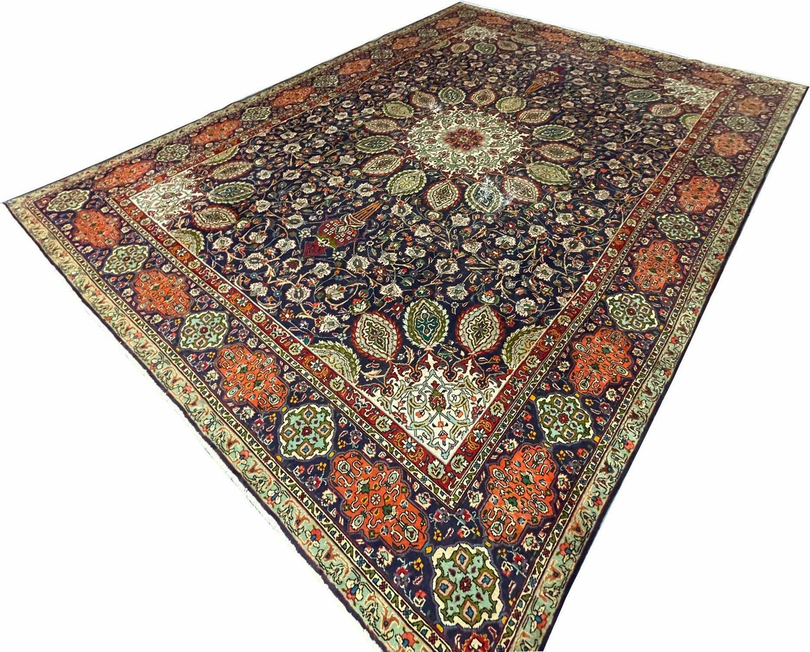 Large Semi Antique Rug Oriental Carpet Handwoven Blue Wool Living Room Rug photo for sale