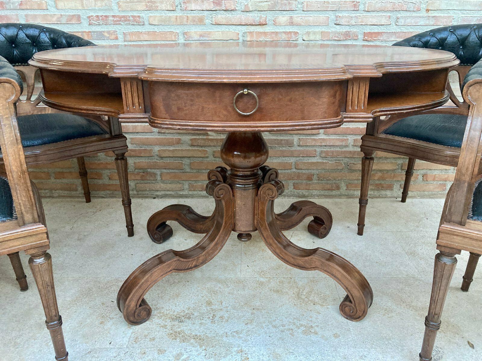 Dining Table With Armchairs In Leather And Walnut, 1950s, Set Of 5 photo Furniture