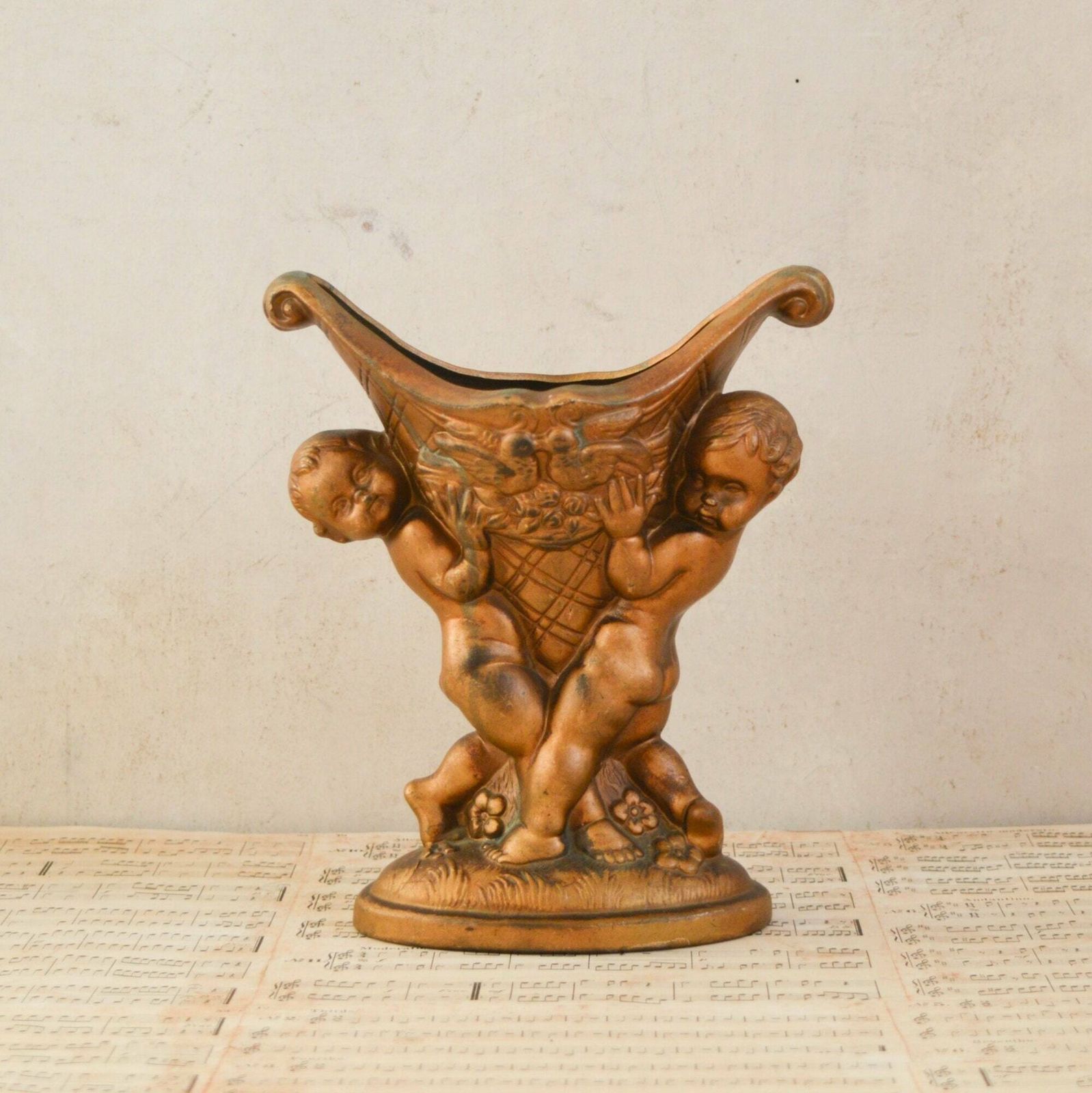 Rare Antique Cherub Gold Vase, Art Nouveau Baby Cherub Ornate Planter 22x20cm