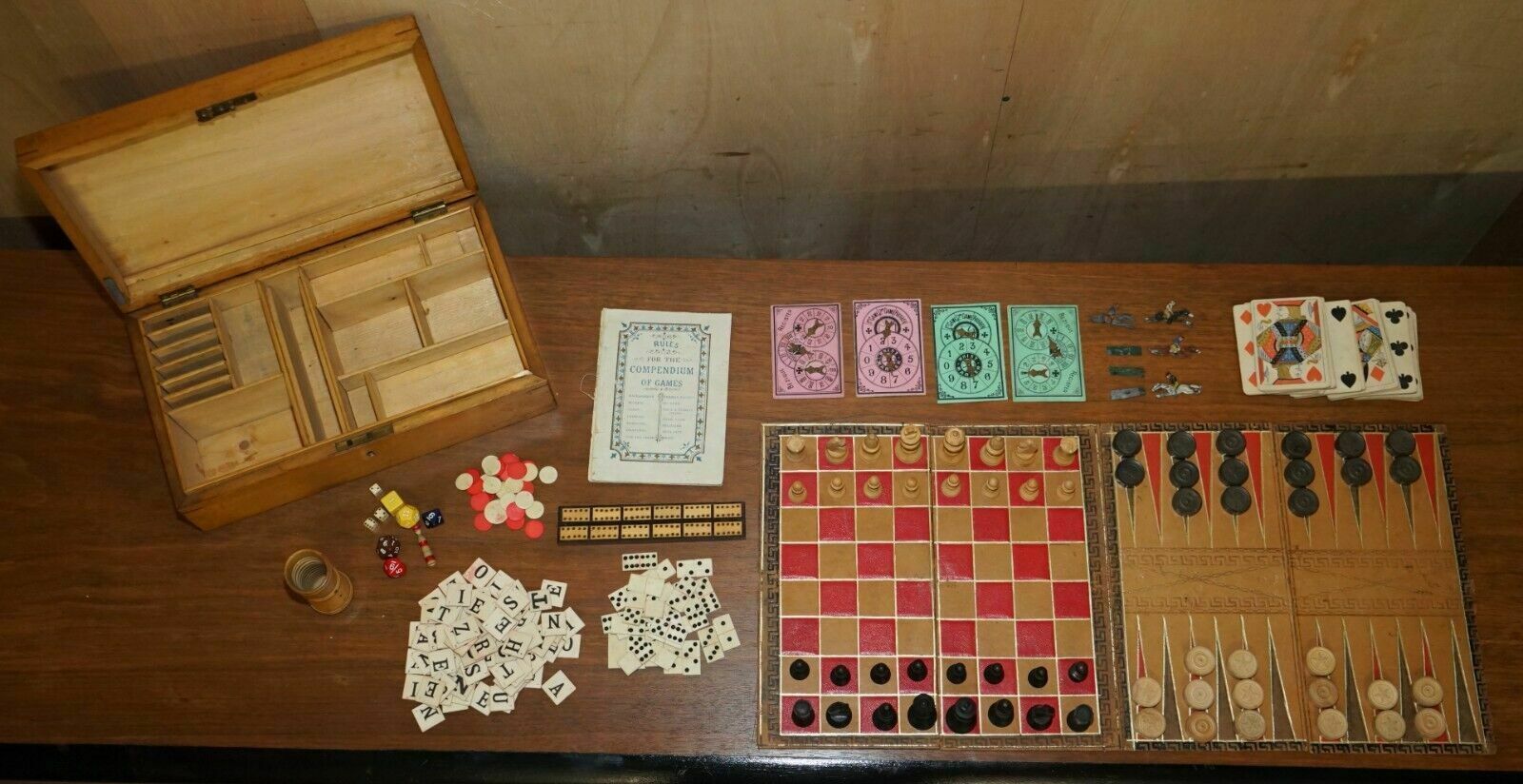 Lovely Circa 1880 Victorian Walnut Games Compendium Chess Horse Racing Dice photo 1500.0