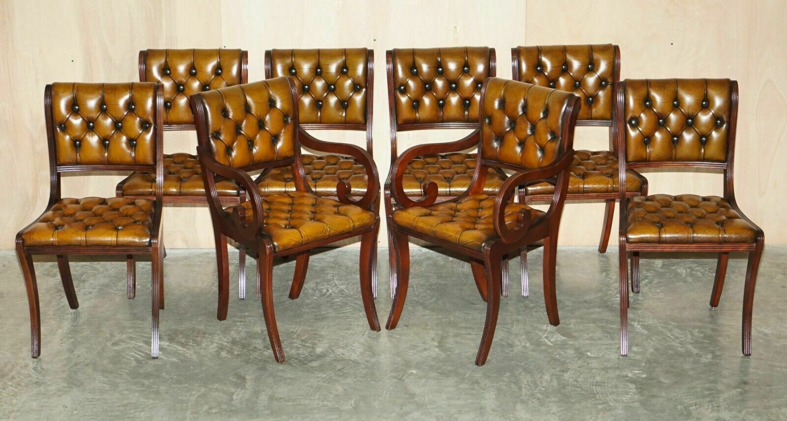 Eight Vintage Mahogany Fully Restored Chesterfield Brown Leather Dining Chairs 8
