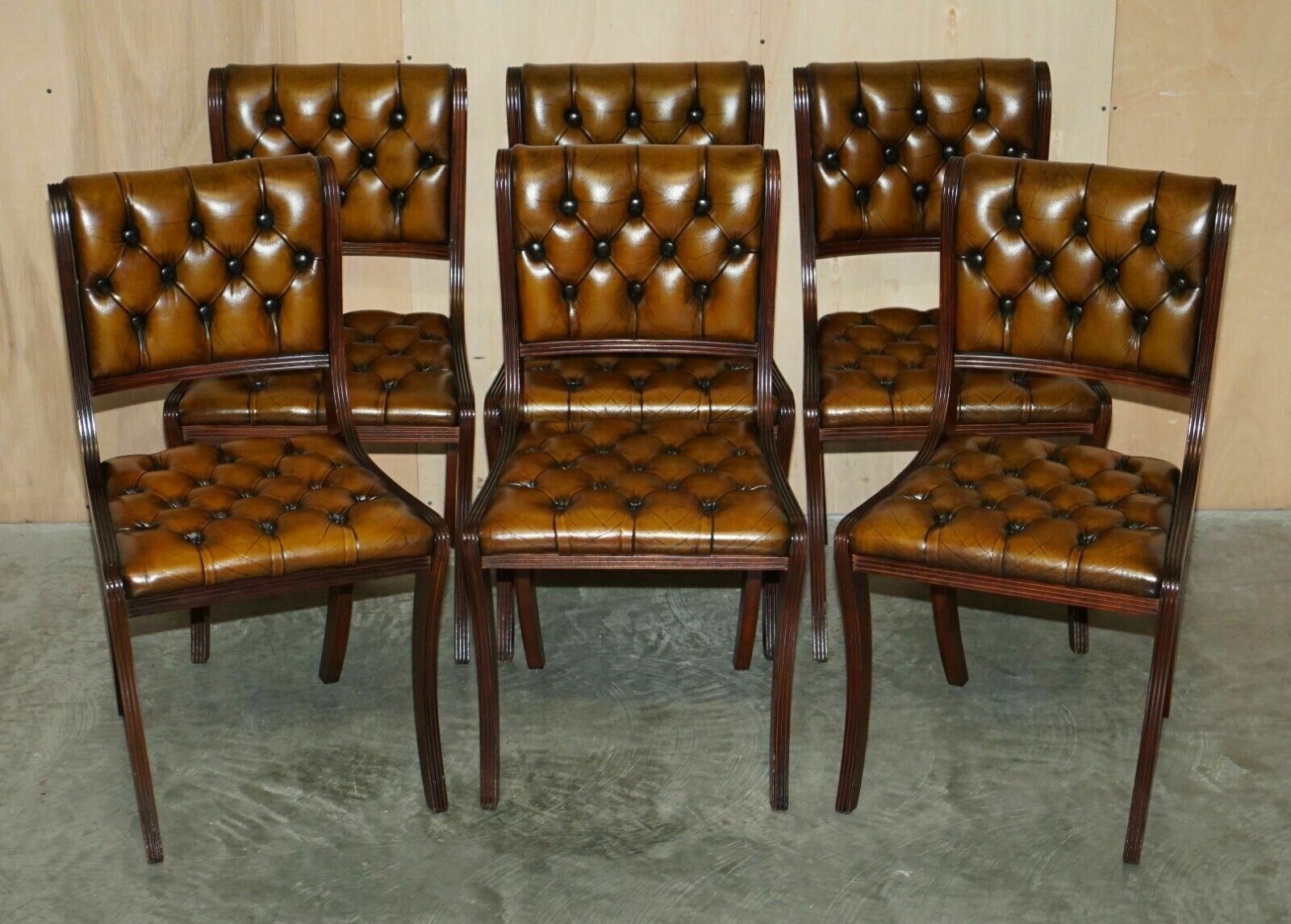 Eight Vintage Mahogany Fully Restored Chesterfield Brown Leather Dining Chairs 8 photo furniture
