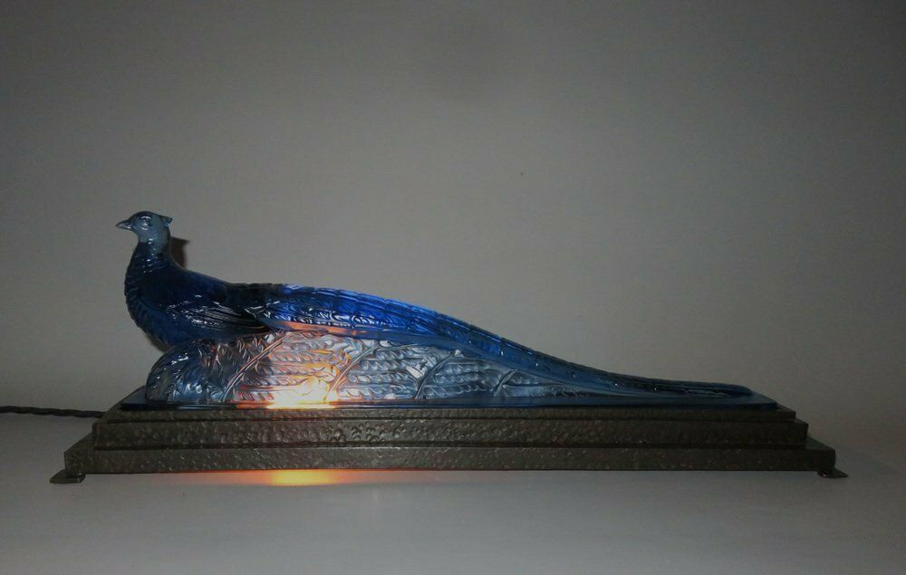 Extraordinary Art Deco Table Lamp "Peacock" In Blue Glass From Verlys France 1920s photo Lighting