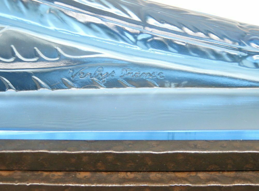 Lighting Extraordinary Art Deco Table Lamp "Peacock" In Blue Glass From Verlys France 1920s photo