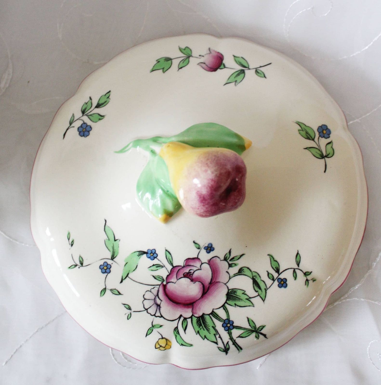 Large Antique Boch Ceramic Serving Bowl With Lid, Tureen Soup Bowl, Boch Freres Keramis Belgium Farmhouse Castle Kitchen Soupiere Polychrome photo vintage