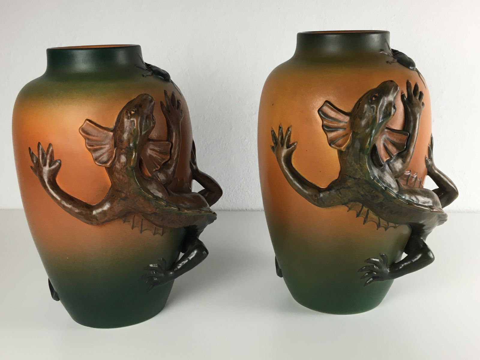 Set Of Two Hand Crafted Danish Art Nouveau Lizard Vases By P. Ipsens Enke 1890's photo buy