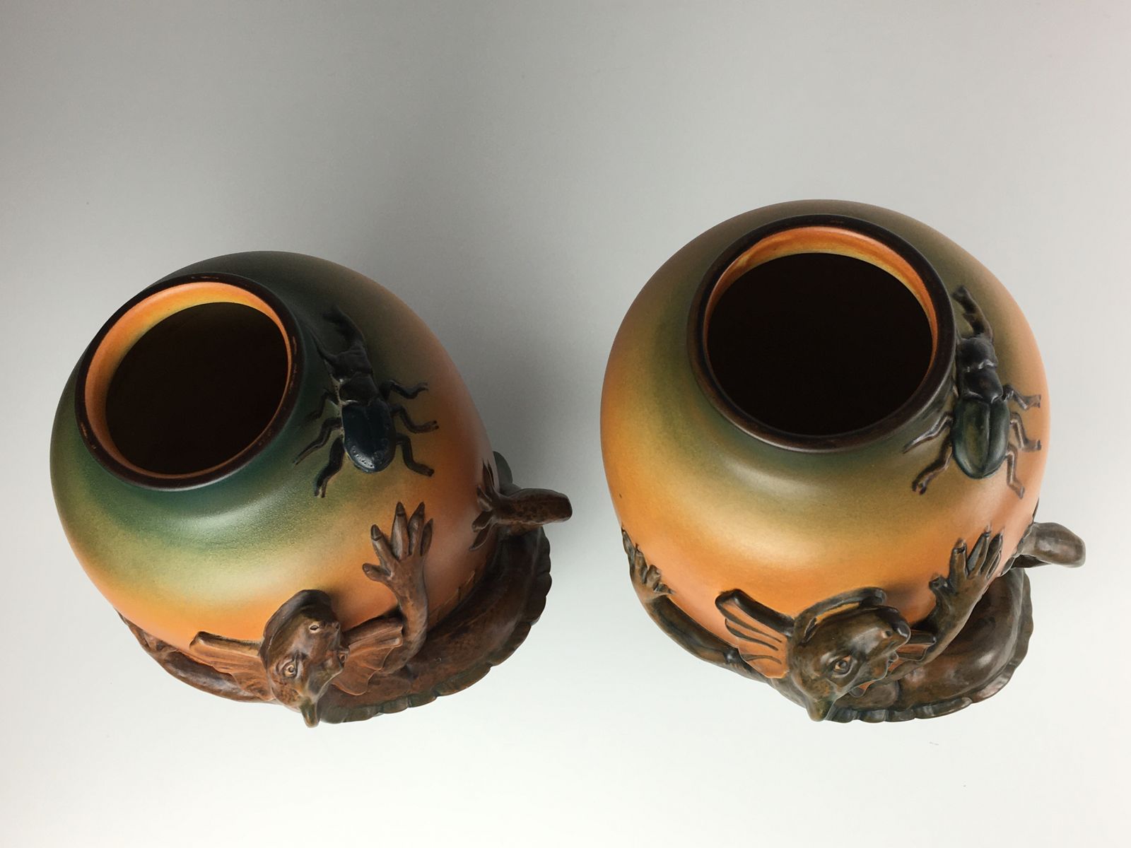 Set Of Two Hand Crafted Danish Art Nouveau Lizard Vases By P. Ipsens Enke 1890's photo vintage