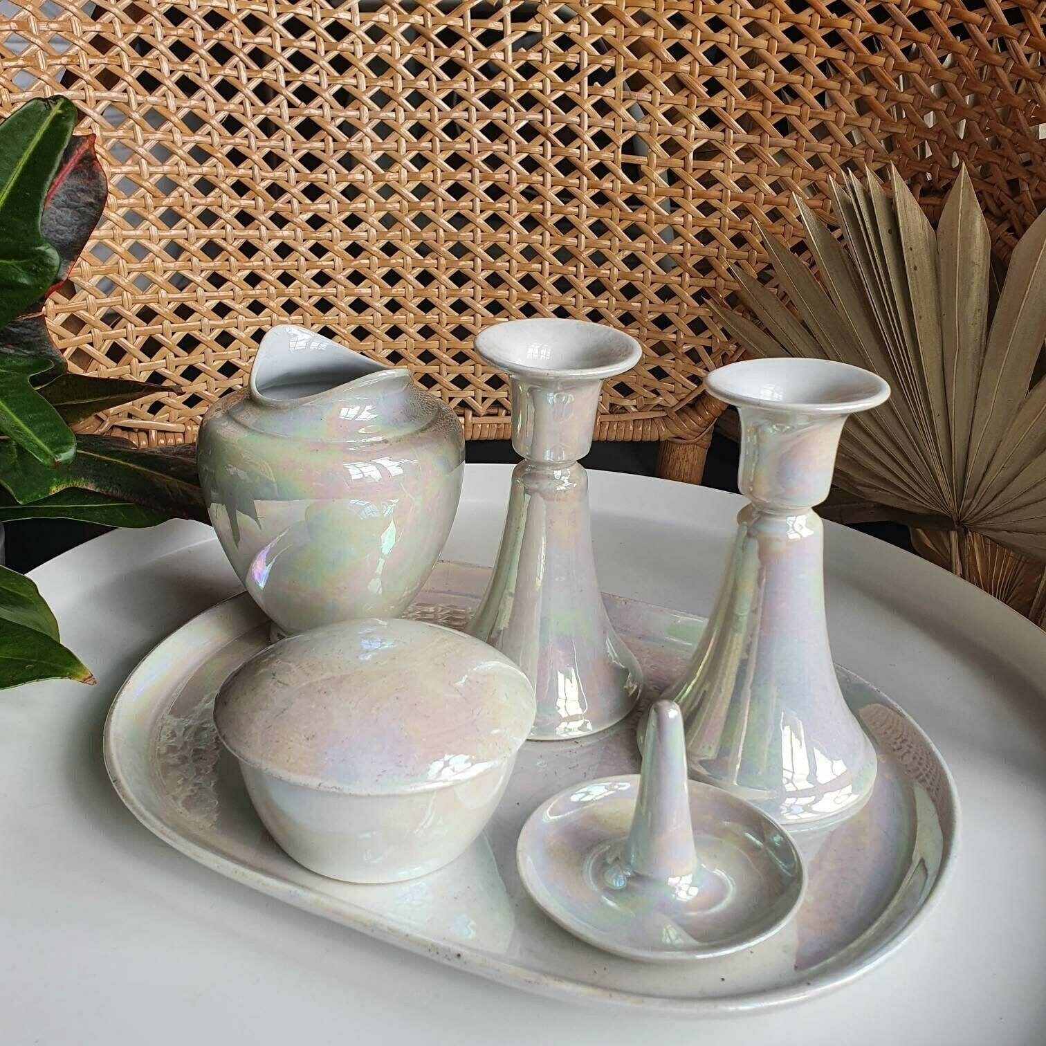 Vintage 1980s Ceramic Pottery Purple Vanity Set Jewellery Tray Trinket Dish Candle Holder photo furniture