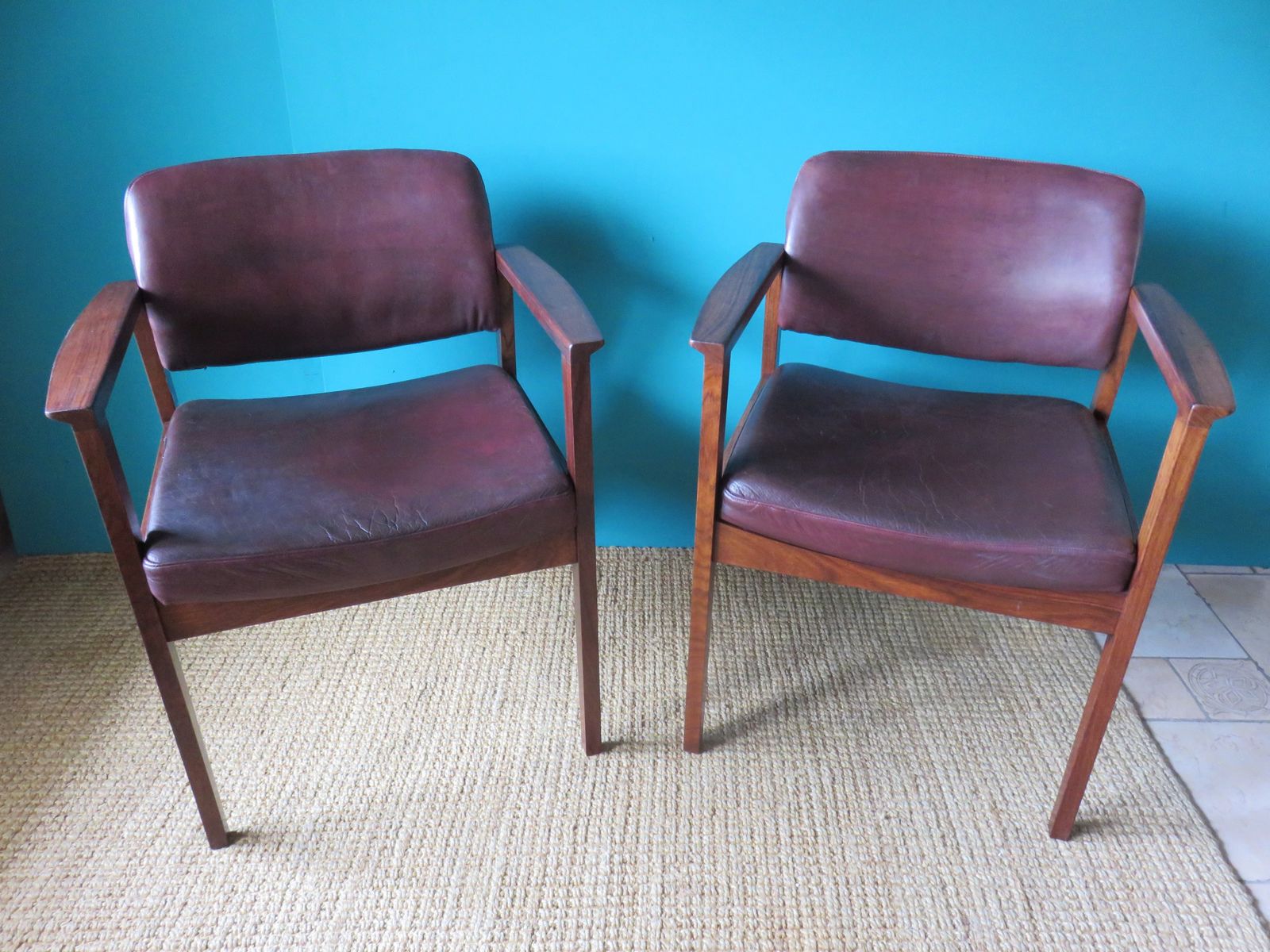 Pair Of Padouk And Plum Leather Armchairs. Denmark 1960 photo furniture