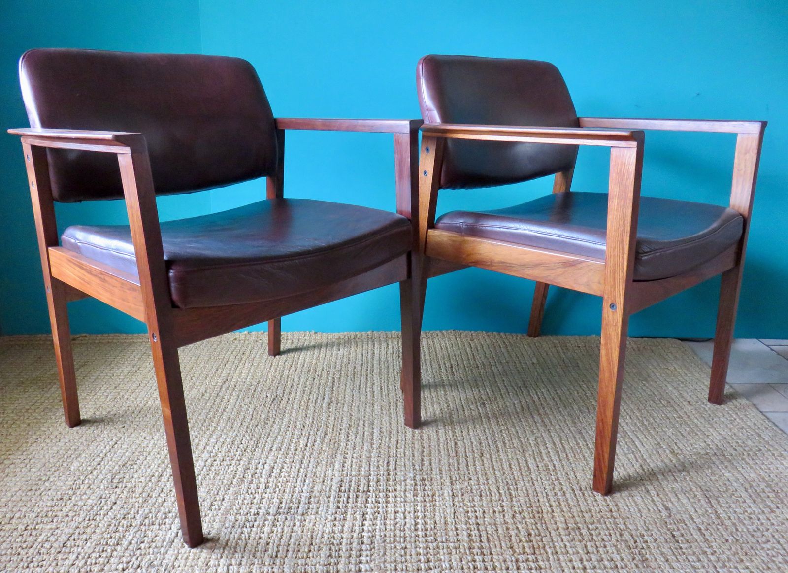 Pair Of Padouk And Plum Leather Armchairs. Denmark 1960 photo for sale