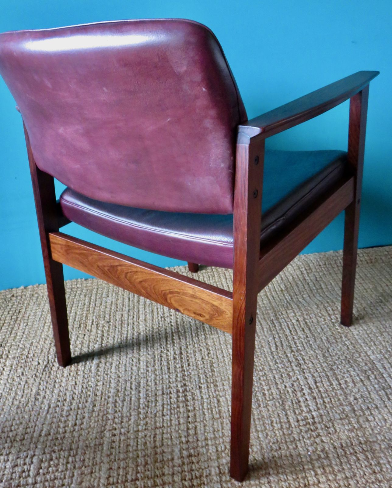 Pair Of Padouk And Plum Leather Armchairs. Denmark 1960 photo vintage