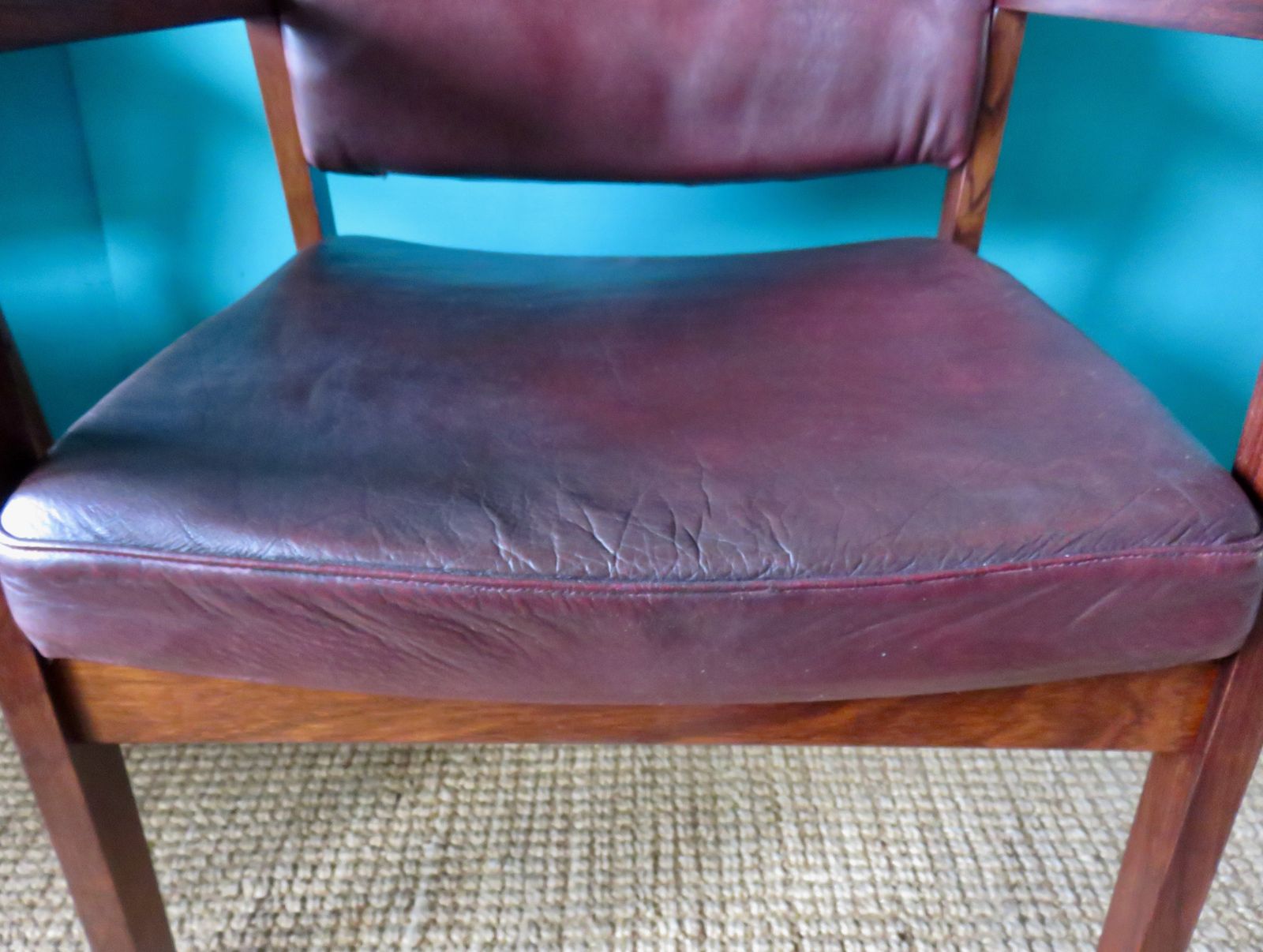 photo for sale Pair Of Padouk And Plum Leather Armchairs. Denmark 1960