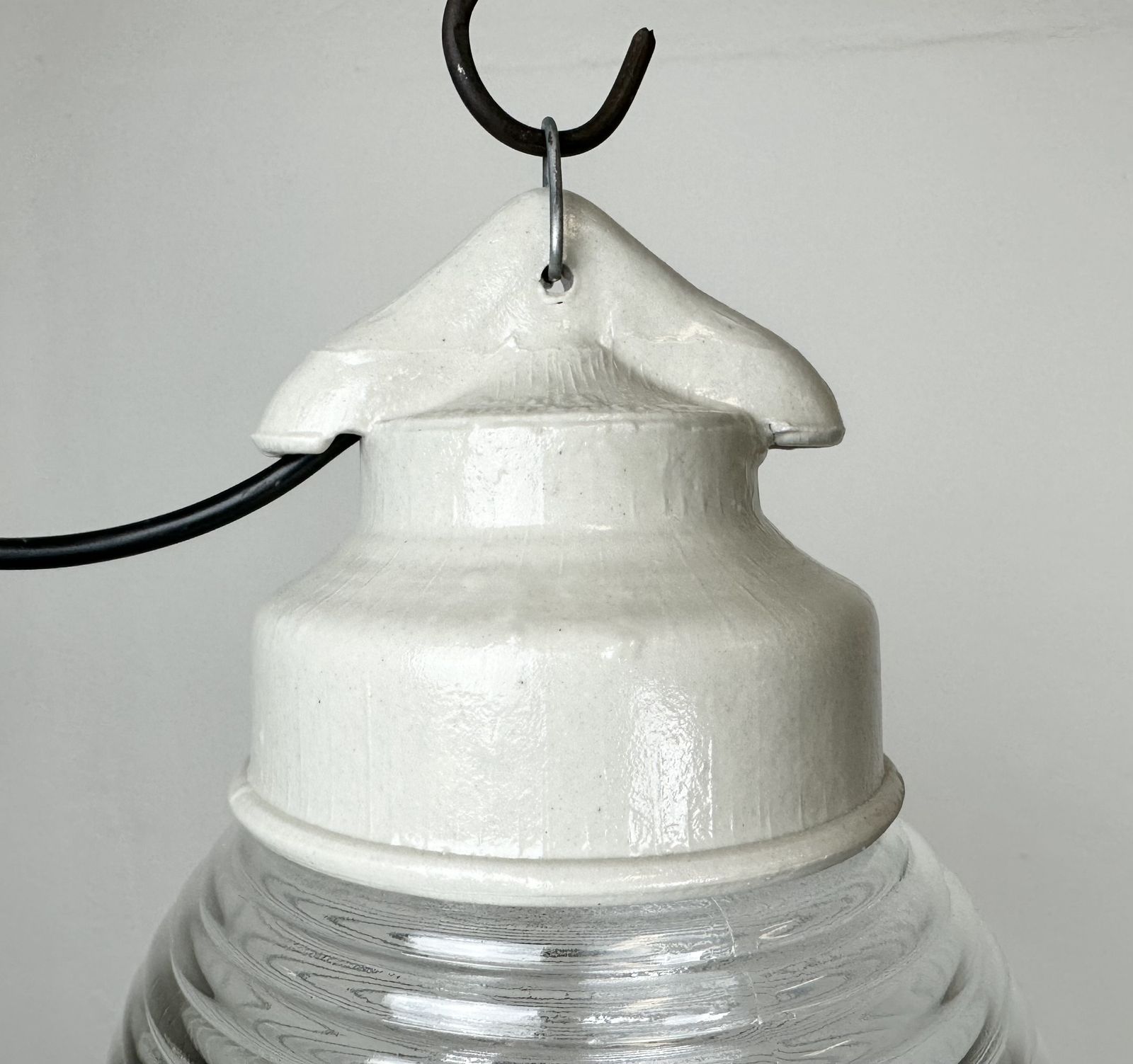 Industrial White Porcelain Pendant Light With Ribbed Glass, 1970s, 3x photo for sale