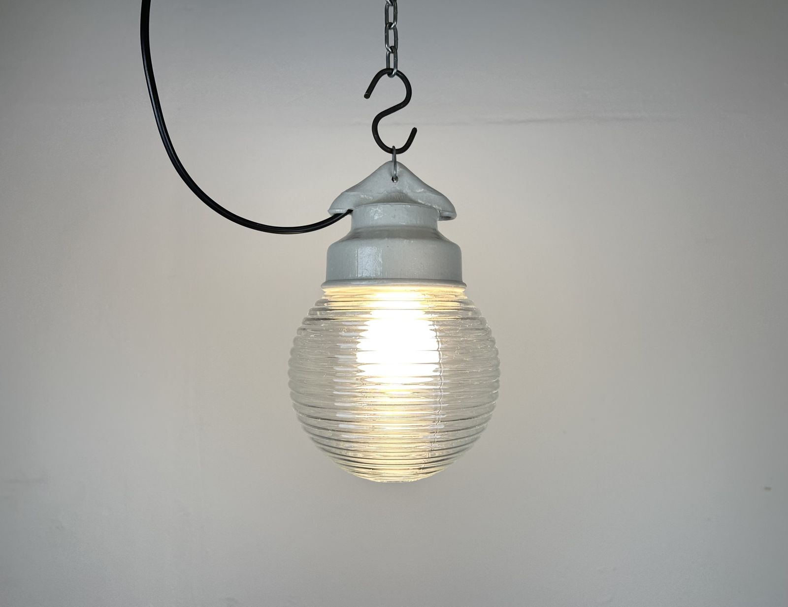 Industrial White Porcelain Pendant Light With Ribbed Glass, 1970s, 3x photo vinterior