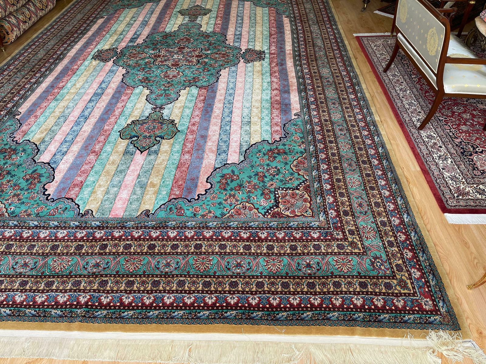 Oversized Carpet Striped Rug, Fine Exclusive Handmade Wool Silk Kurdish Rug photo buy