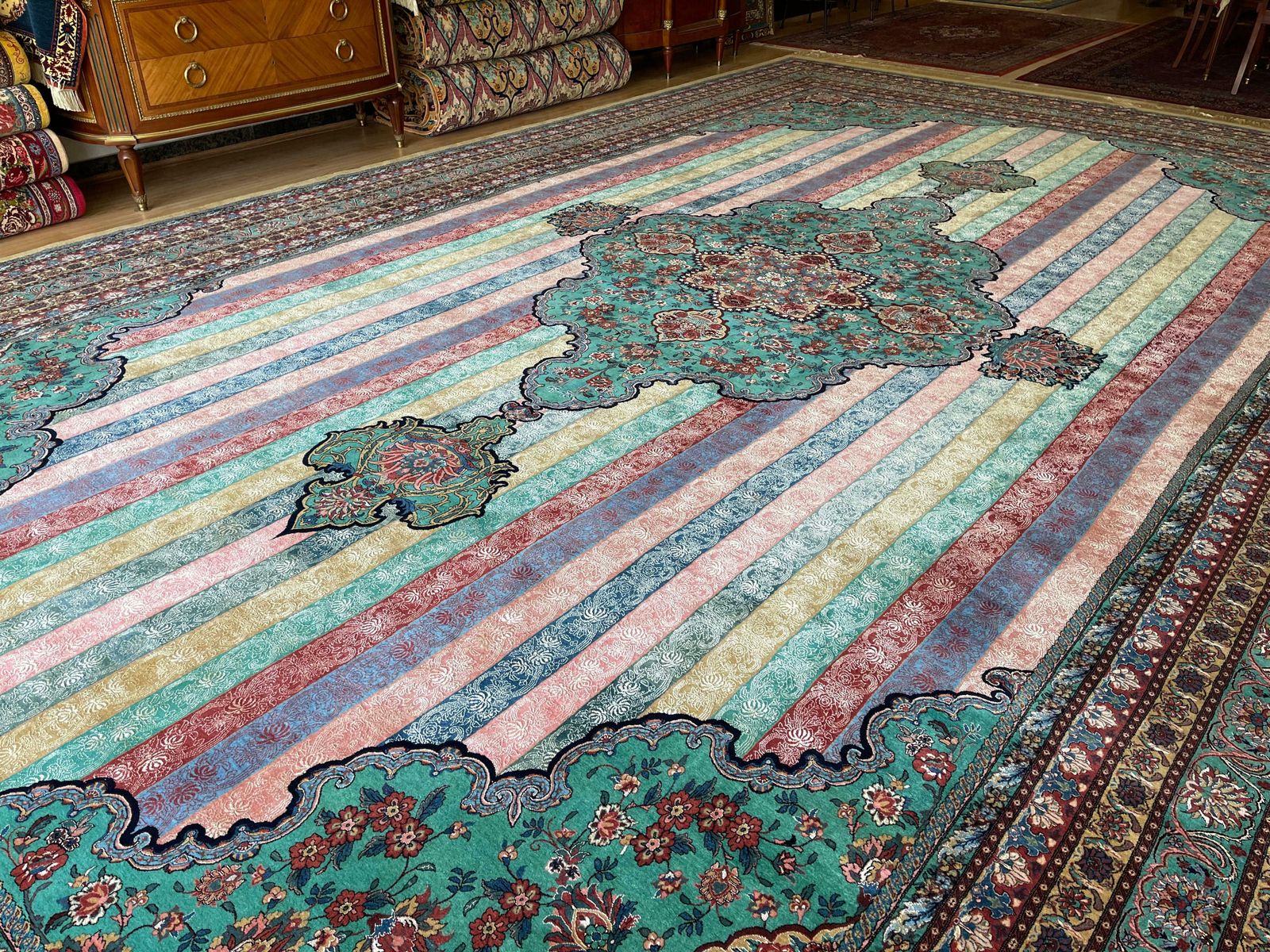 Oversized Carpet Striped Rug, Fine Exclusive Handmade Wool Silk Kurdish Rug photo vintage