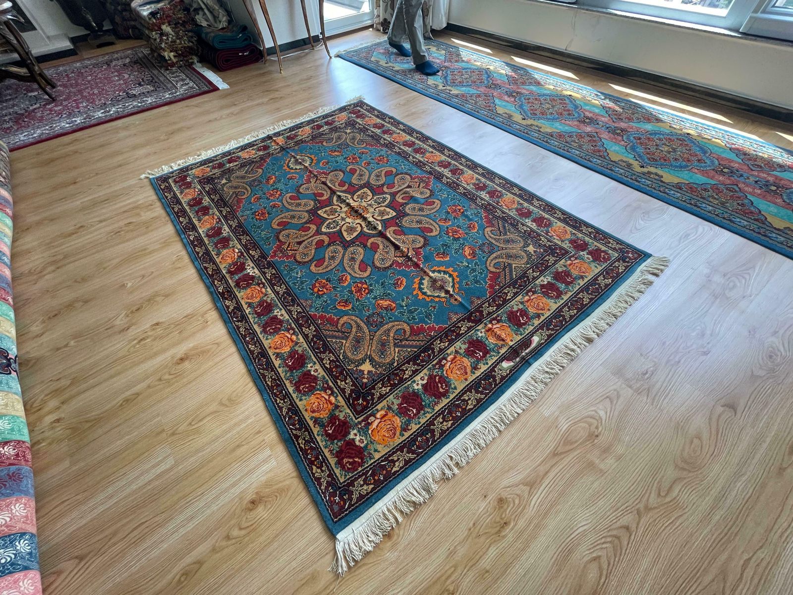 Exclusive Livingroom Rug, Paisley Blue Rug, Silk & Wool Handmade Carpet photo buy