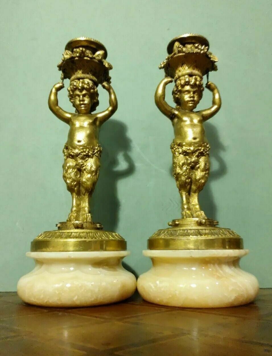 Rare Pair Antique French Gilt Bronze Ormolu Candlesticks Bacchic Fauns On Onyx photo furniture