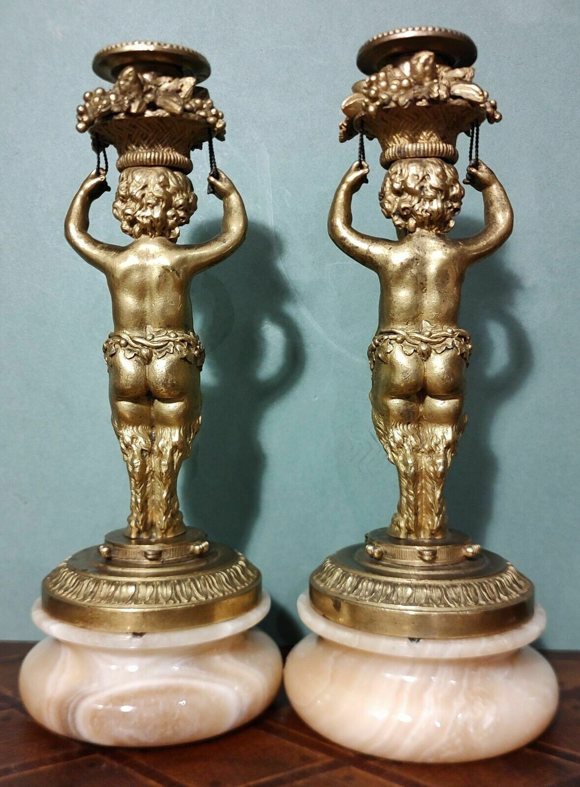 photo furniture Rare Pair Antique French Gilt Bronze Ormolu Candlesticks Bacchic Fauns On Onyx