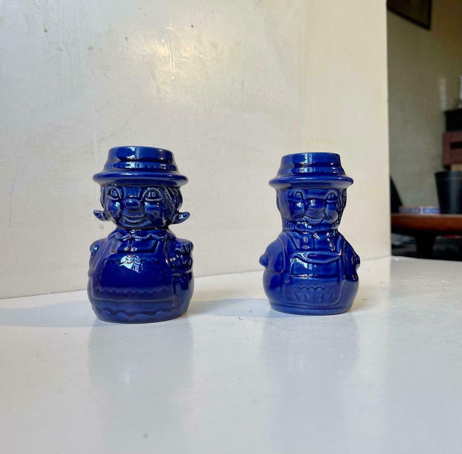 Vintage Scandinavian Figural Man & Wife Ceramic Candlesticks In Blue Glaze photo Home Decor