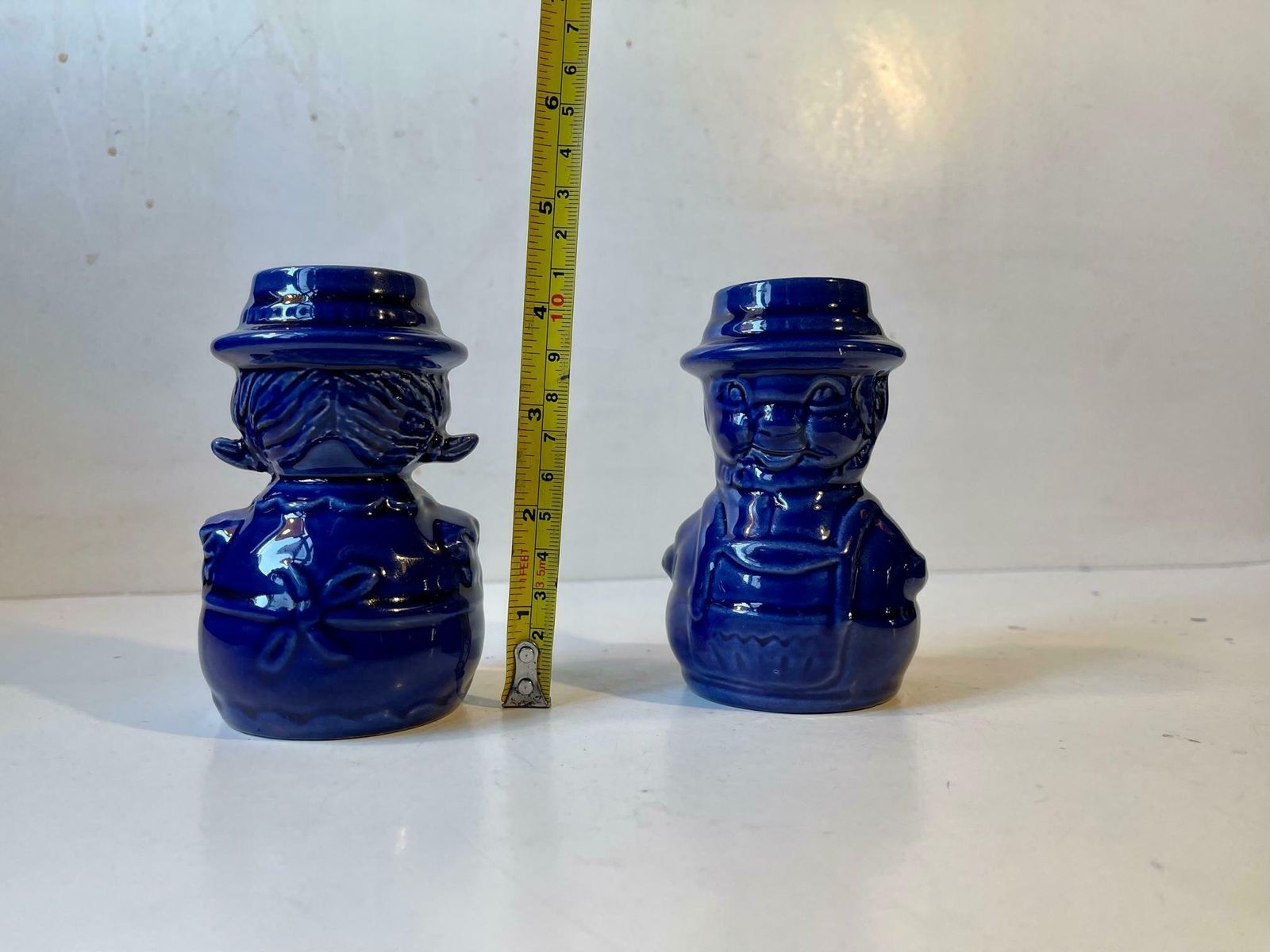 Vintage Scandinavian Figural Man & Wife Ceramic Candlesticks In Blue Glaze photo buy