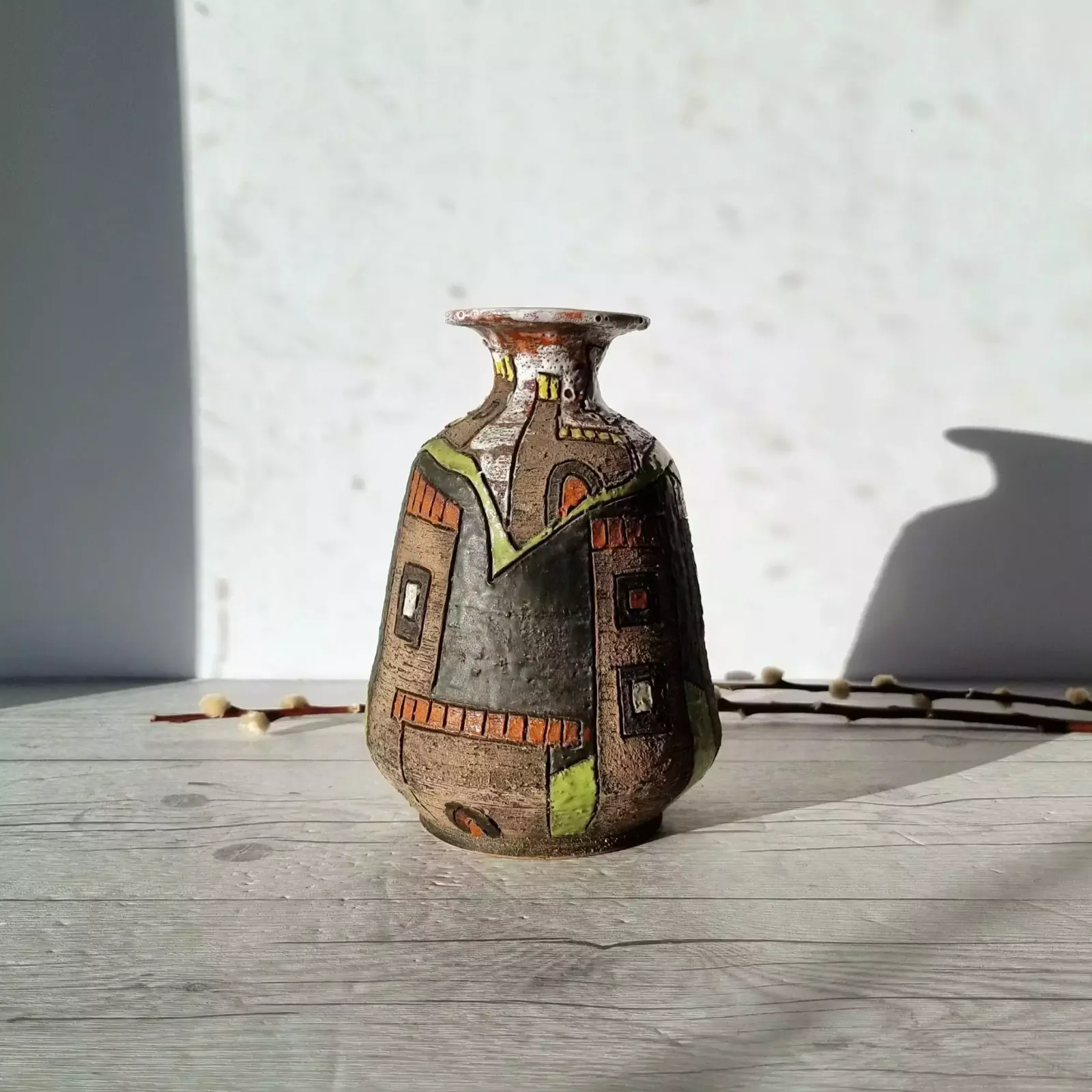 Fratelli Fanciullacci, Stylised Town Series, Sgraffito On Clay, Gloss And Lava Glaze Décor Vase photo vintage