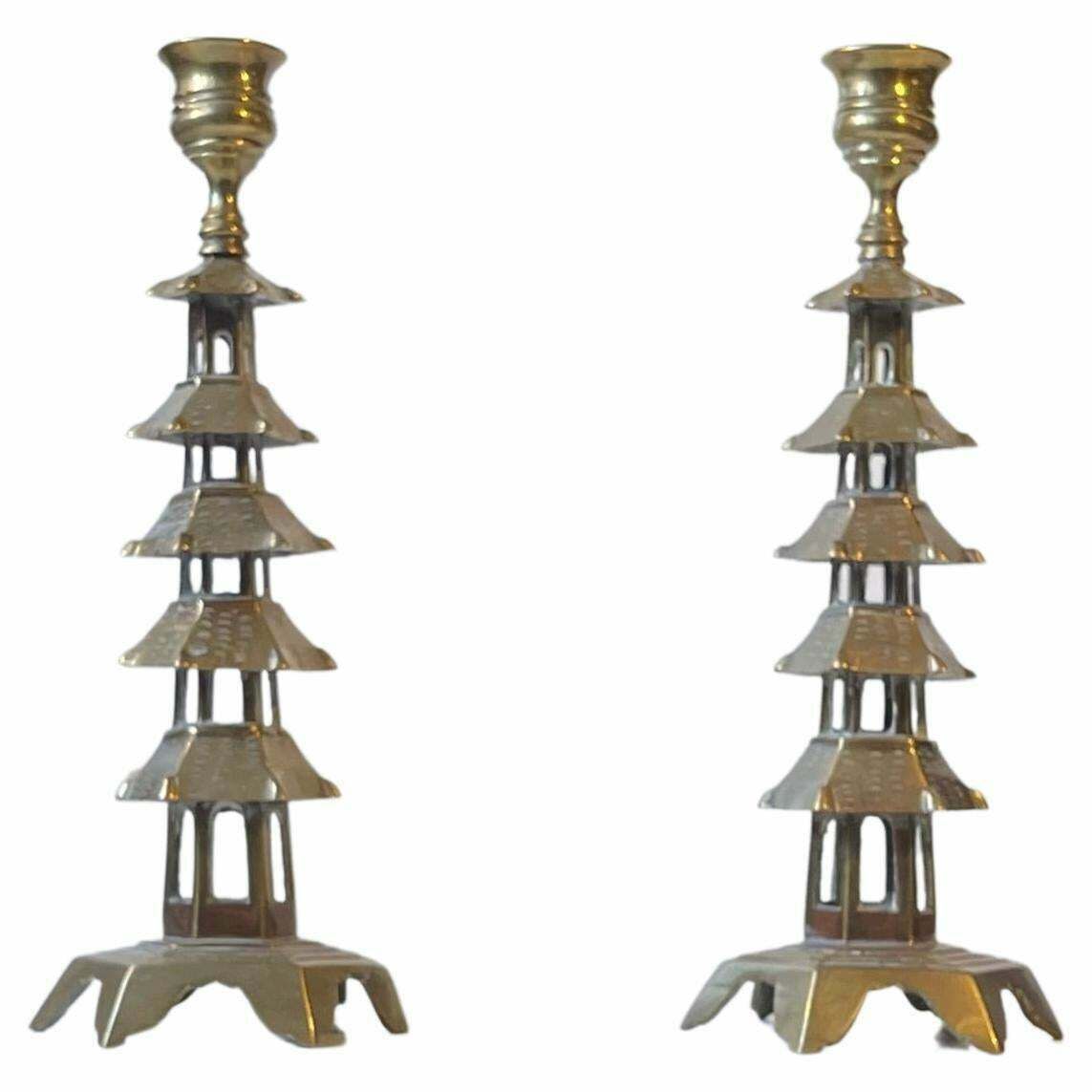 Pair Of Old Chinese Pagoda Candlesticks In Brass
