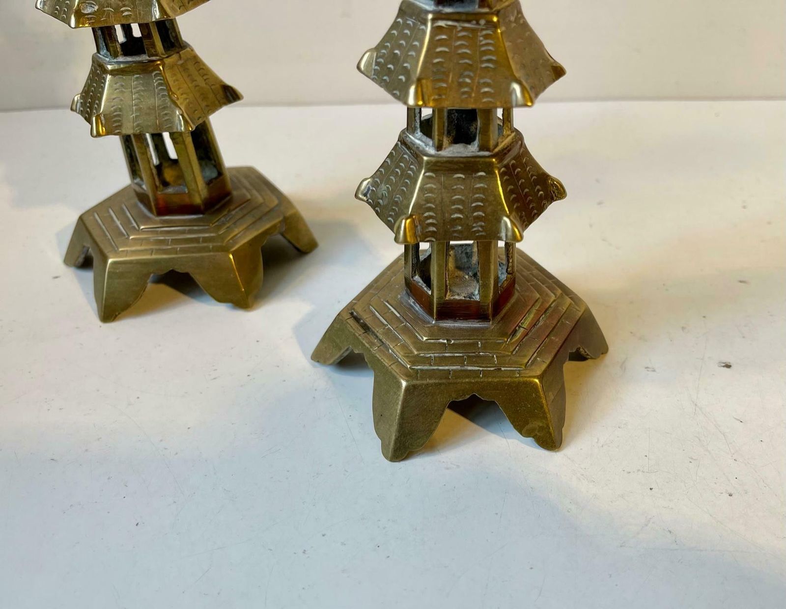 Pair Of Old Chinese Pagoda Candlesticks In Brass photo 440.0