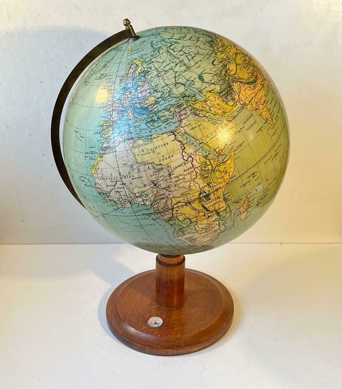 Danish Art Deco World Globe With Compass On A Wooden Base, Heimdal No. 34 photo for sale