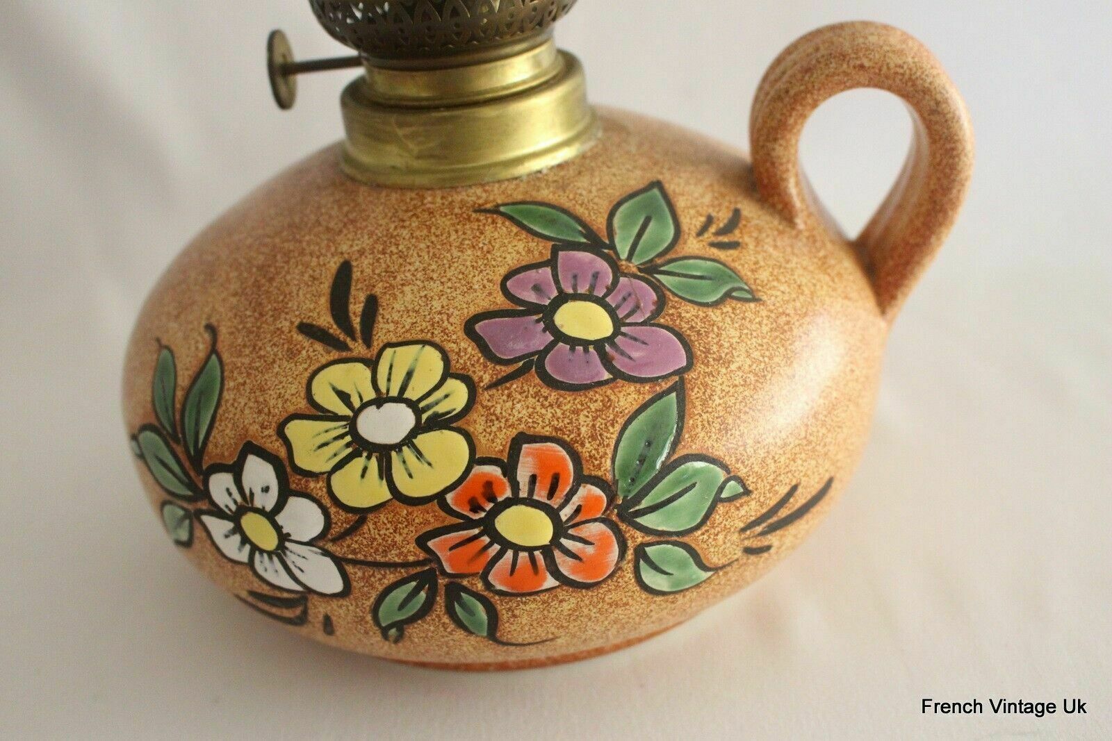 photo furniture French Vintage Table Desk Oil Lamp Ceramic + Glass Shade Chimney Handpainted 19c