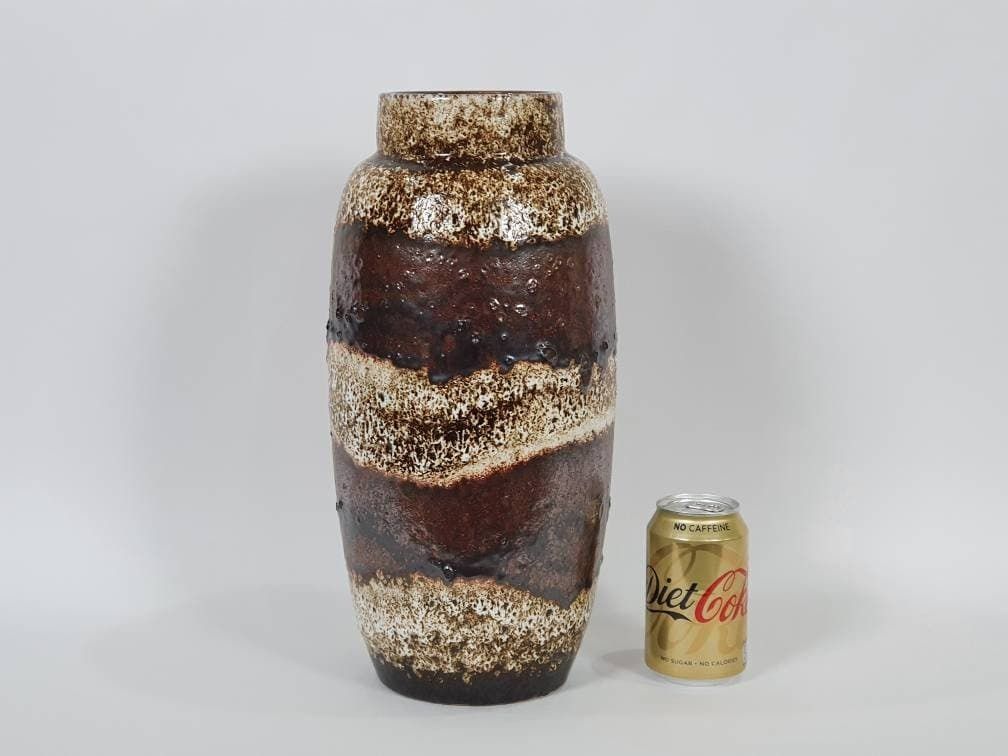 West German Pottery Fat Lava Floor Vase, Brown Banded Volcanic Glaze: Scheurich 553 38 photo Home Decor