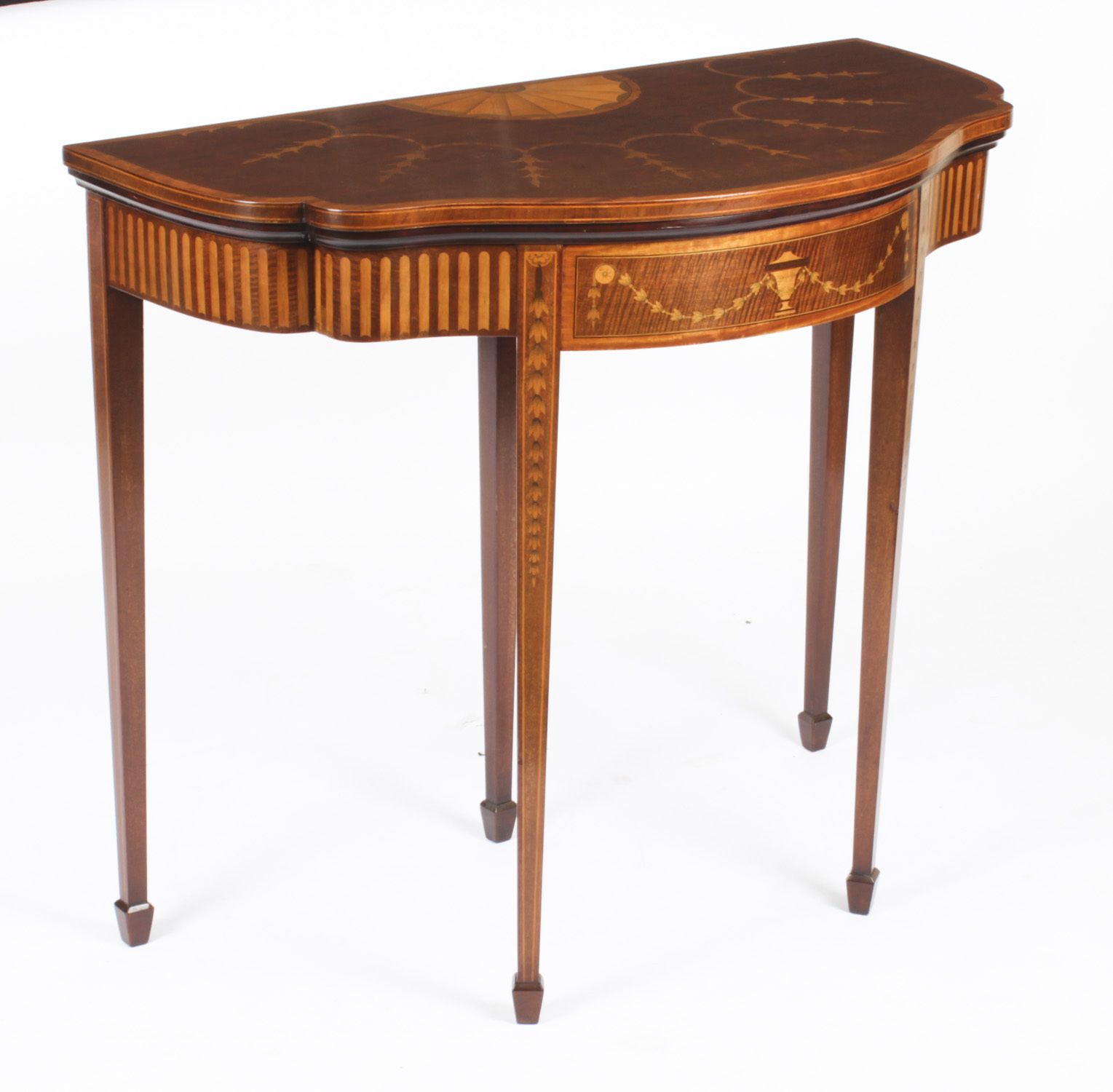 Antique Mahogany And Satinwood Inlaid Serpentine Card Console Circa 1880