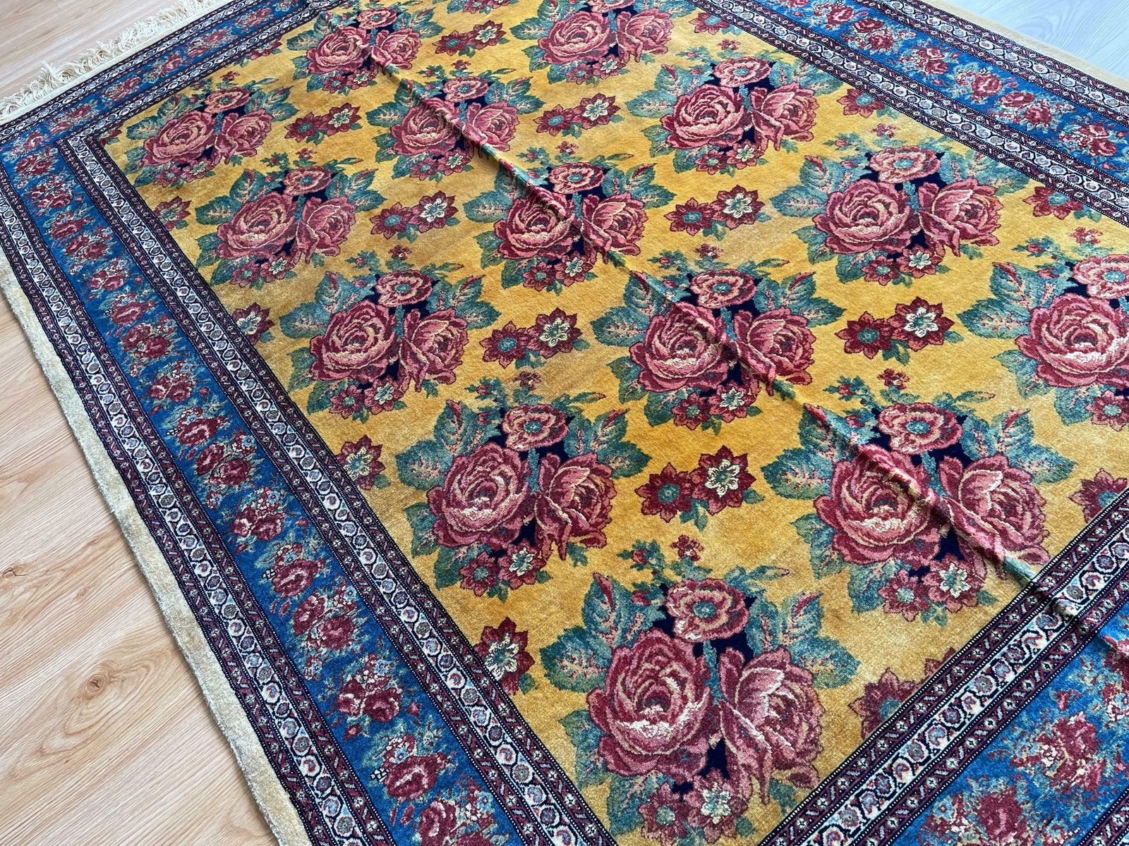 Exclusive Floral Rug, Gold Silk Handwoven Carpet, Kurdish Oriental Rug photo buy