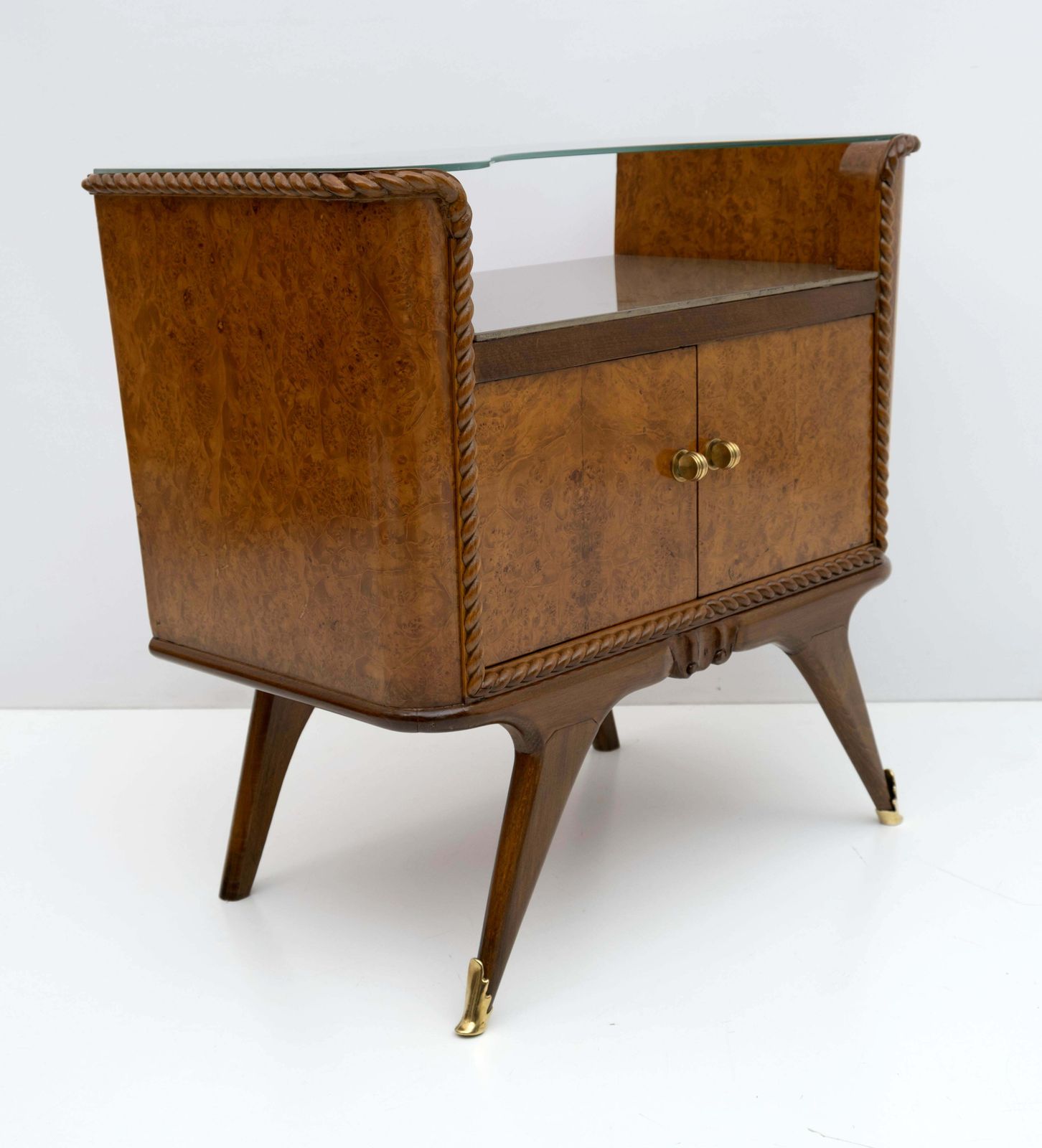 photo for sale Pair Of Art Deco Italian Briar Walnut Bedside Tables, 1930s
