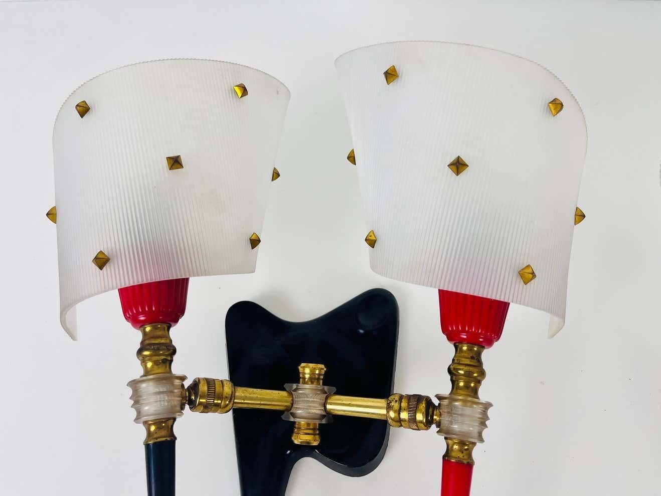 Pair Of 2 Brass And Plexiglass Wall Lamps By Maison Arlus, 1960, France photo vinterior