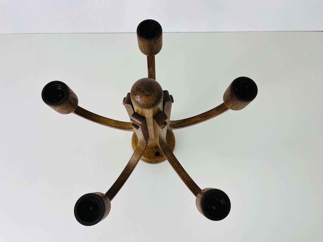 Midcentury Wooden Pendant Lamp With 5 Arms By Domus, 1960s photo for sale