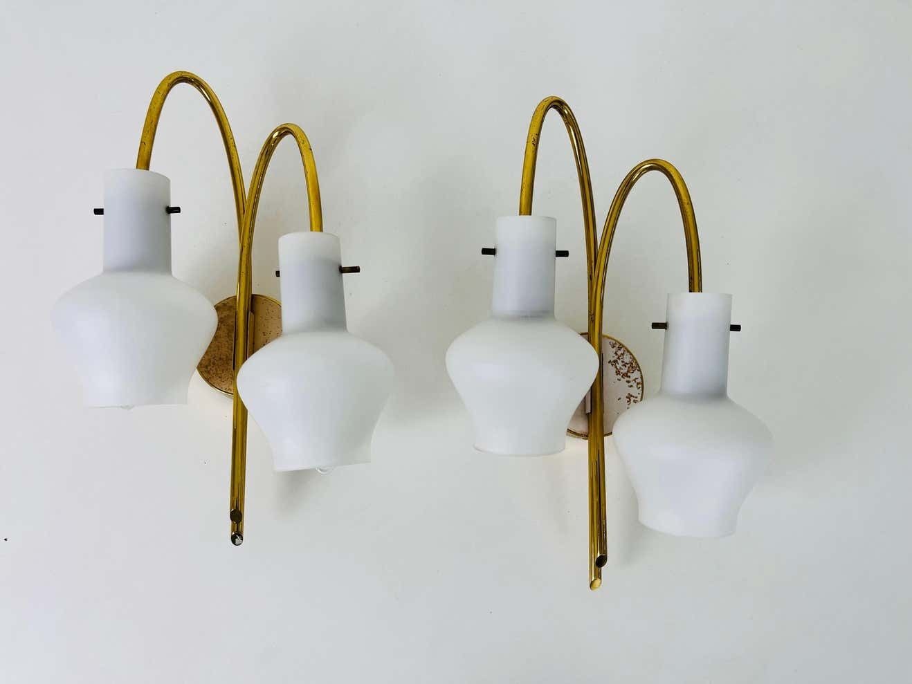 Pair Of Mid Century Brass And Opaline Glass Wall Lamps, Italy, 1960s photo furniture