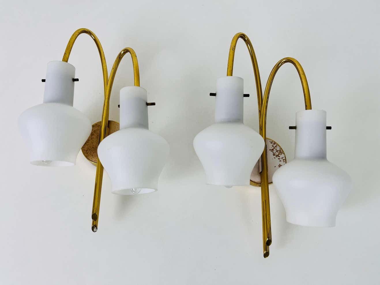 Pair Of Mid Century Brass And Opaline Glass Wall Lamps, Italy, 1960s photo Lighting