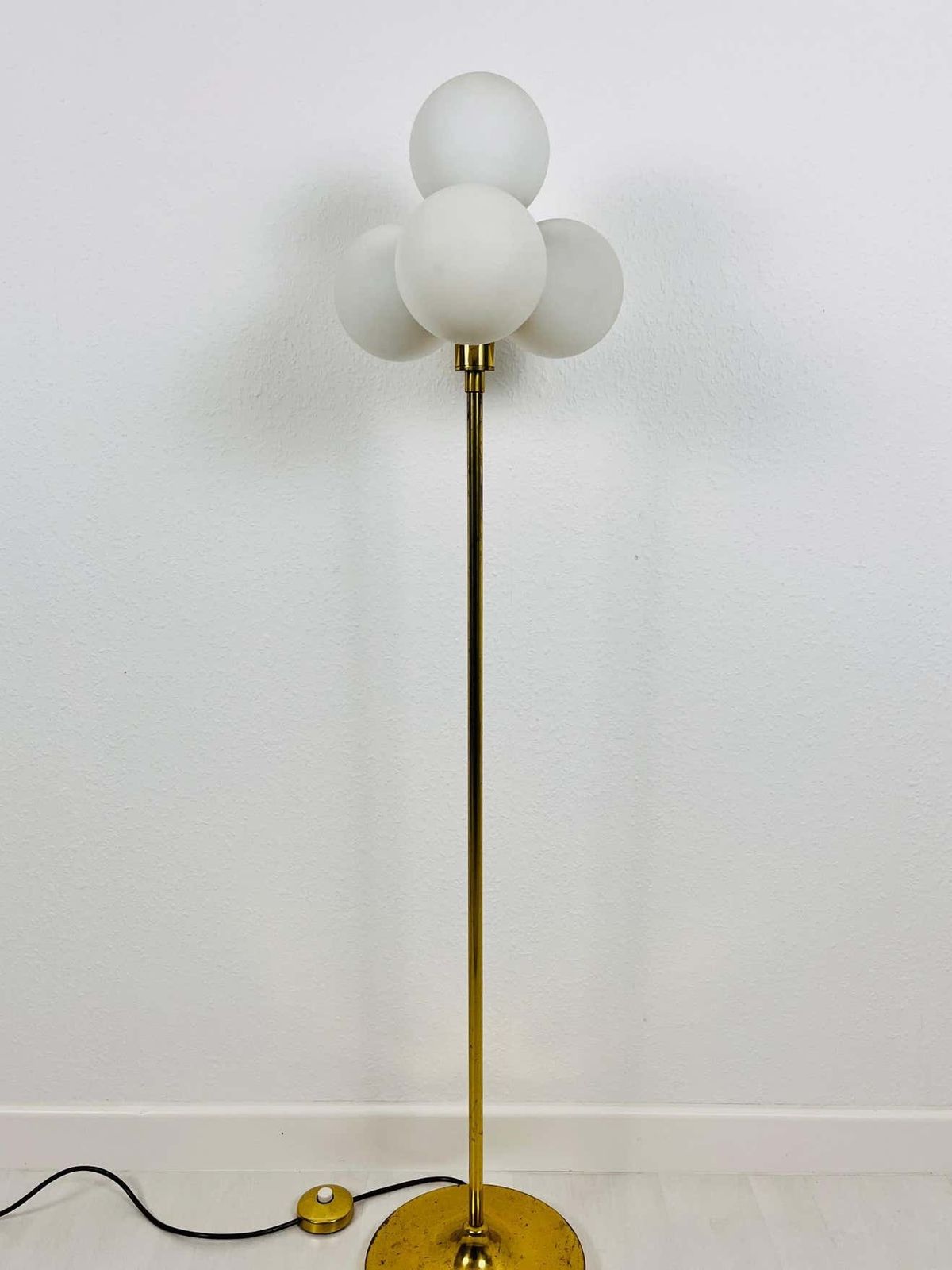 Midcentury Brass And Opaline Glass 4 Arm Floor Lamp By Kaiser, Germany, 1960s photo for sale