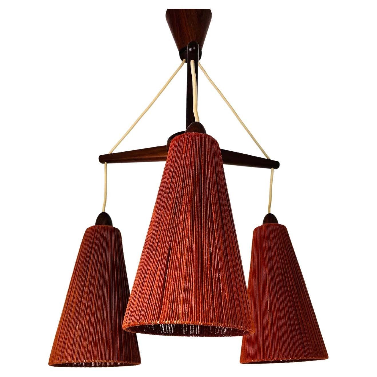 Midcentury Teak And Cord Shade Hanging Lamp By Temde, Circa 1960