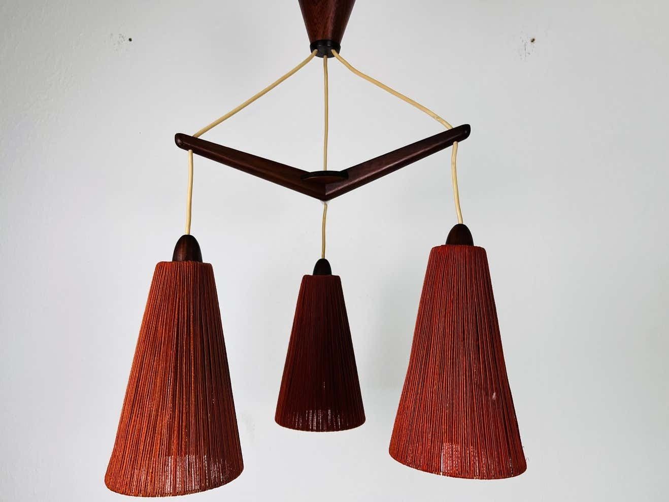 Midcentury Teak And Cord Shade Hanging Lamp By Temde, Circa 1960 photo buy