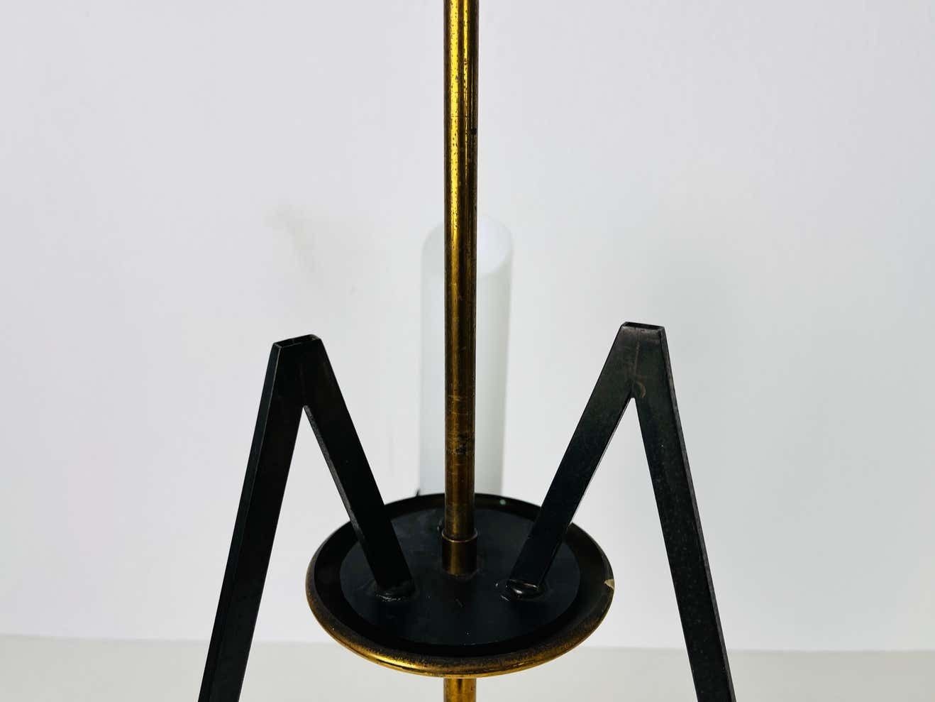 photo for sale Italian Mid Century Brass And Opaline Glass 3 Arm Chandelier, 1960s