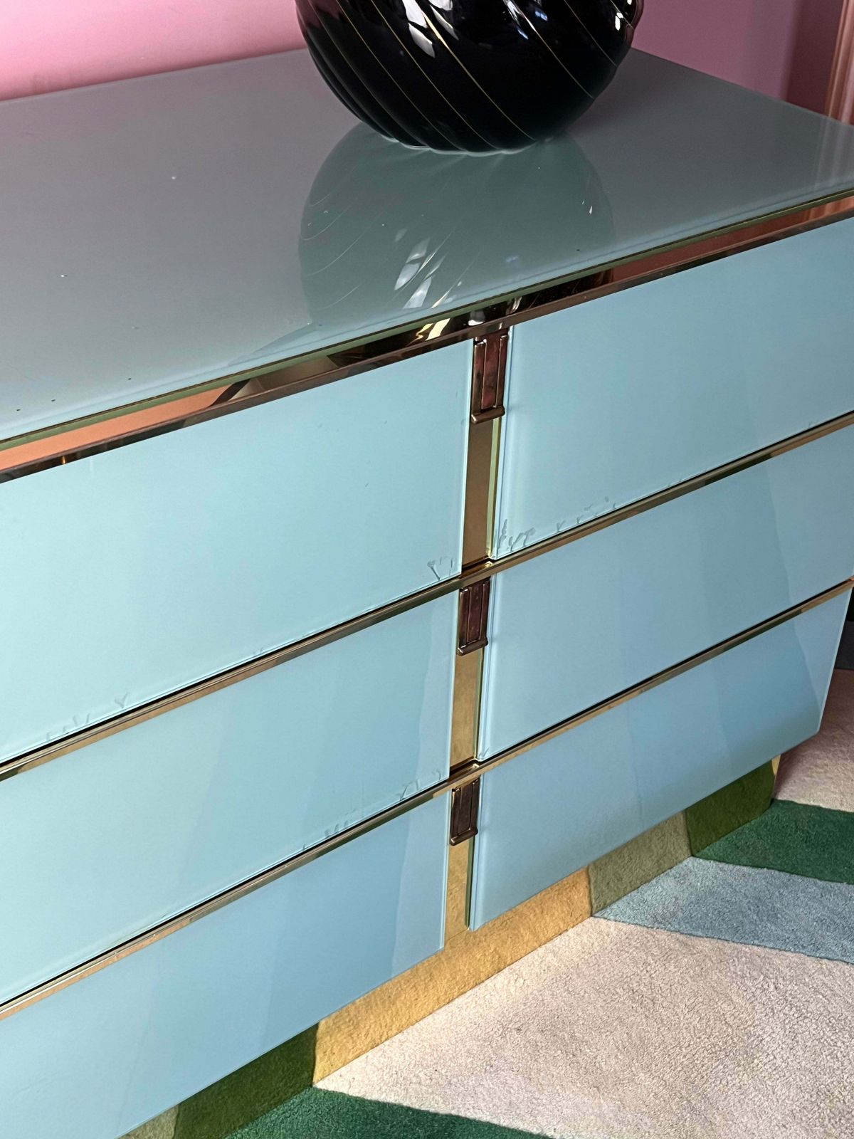 Turquoise And Gold Glass Sideboard By Ello Furniture, American 1970s photo Furniture